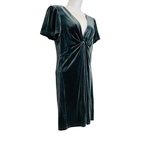 Aqua Blue-Gray Velvet Shimmer Stretch Deep V-Neck Plunge Cocktail Party Dress - Picture 3 of 13